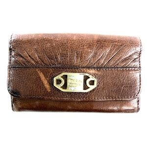 Modalu Vintage Brown Leather Small Tri Fold Wallet Clutch Brass Logo